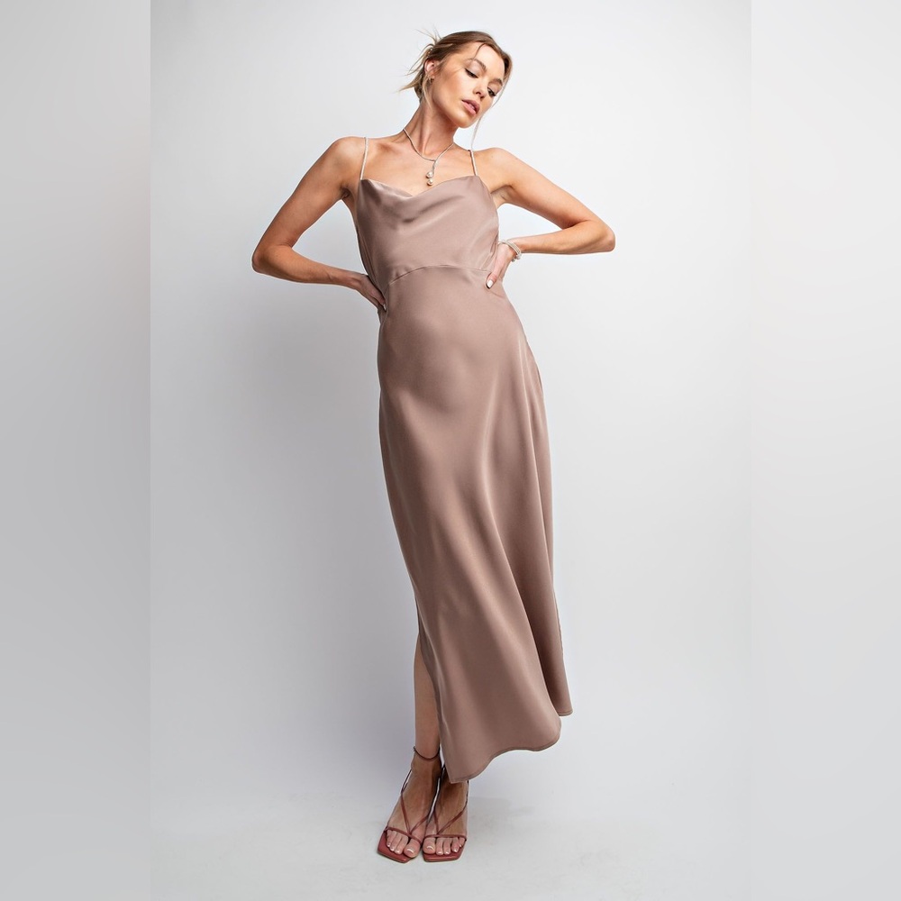 Easel | The Gilded Hour Satin Cowl Neck Midi Slip Dress Bridesmaid Tan New Small - Picture 3 of 11